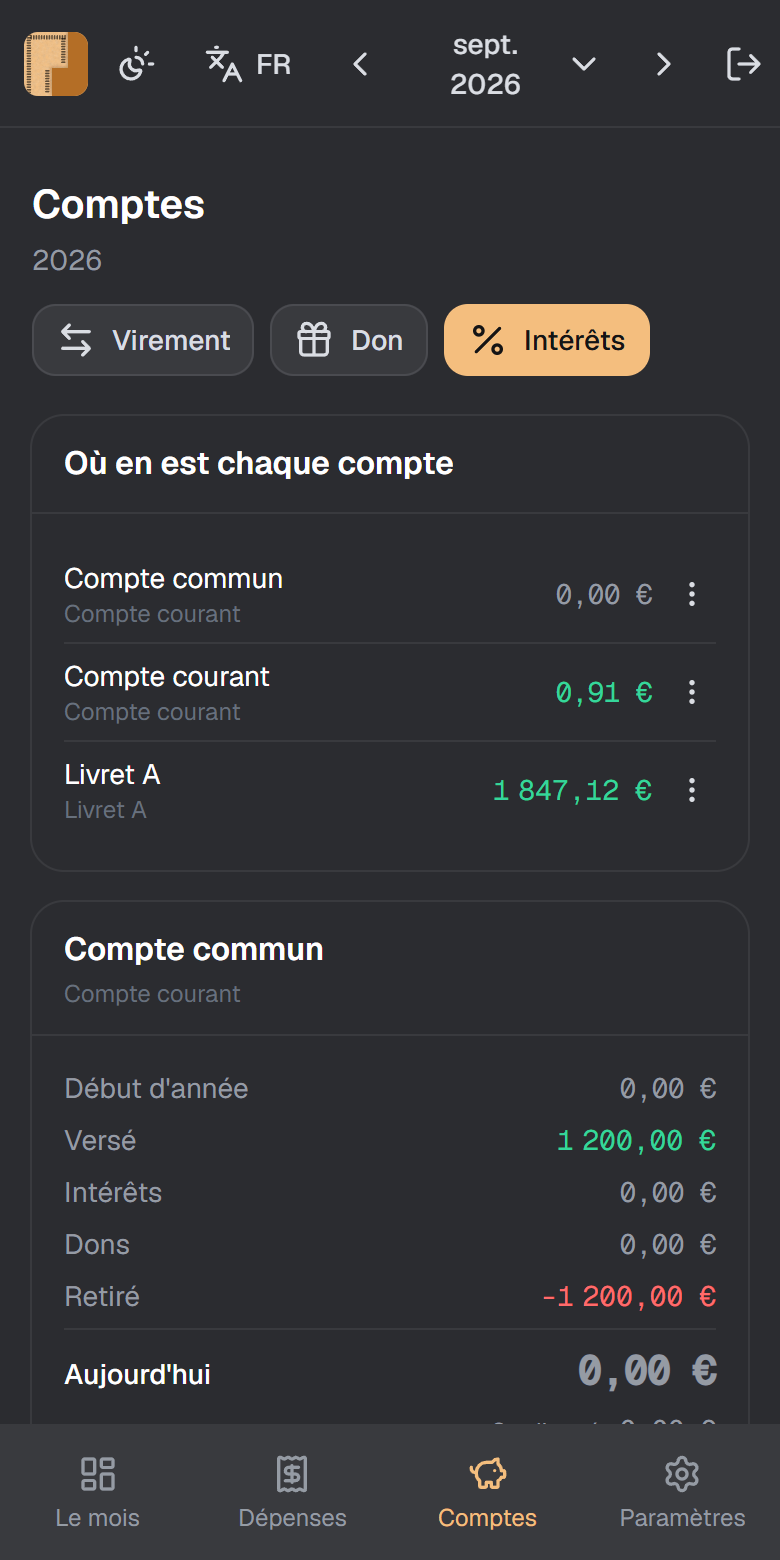 L'écran des comptes dans Prorata, avec le solde de départ de chaque compte, ce qui est entré, les intérêts et le solde de fin.