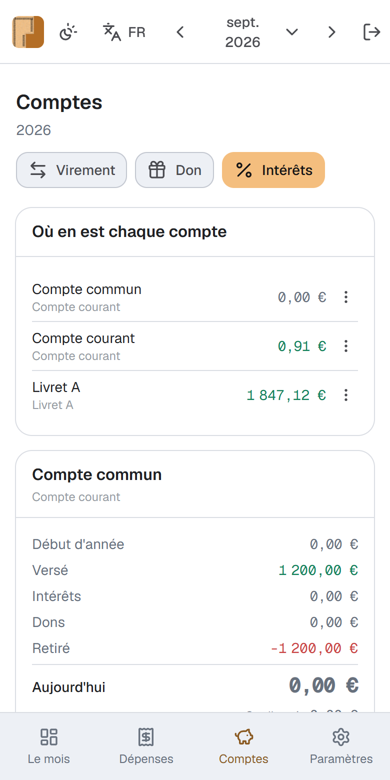 L'écran des comptes dans Prorata, avec le solde de départ de chaque compte, ce qui est entré, les intérêts et le solde de fin.