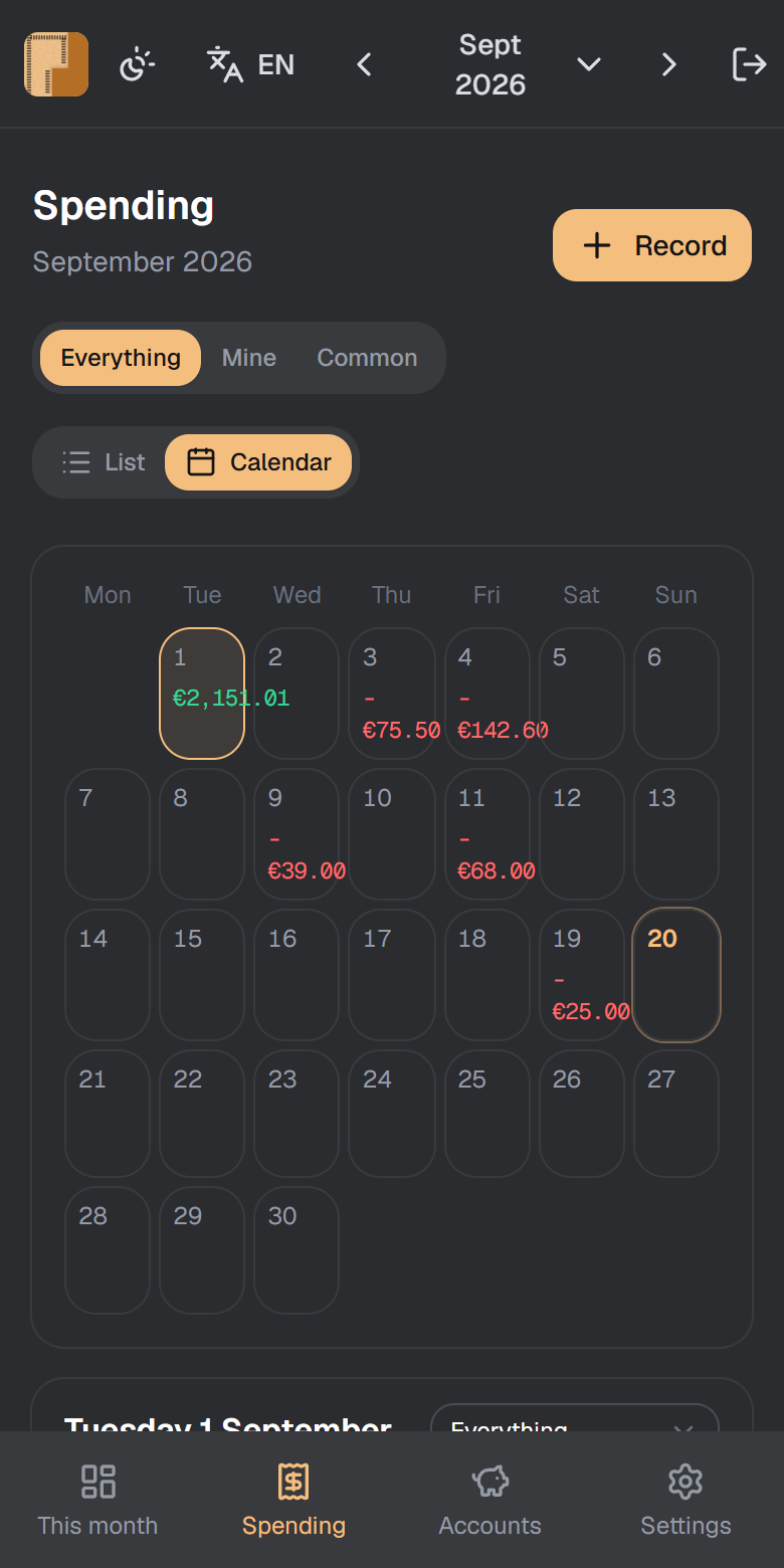 The calendar view in Prorata, a month laid out as a grid with the movements on each day.