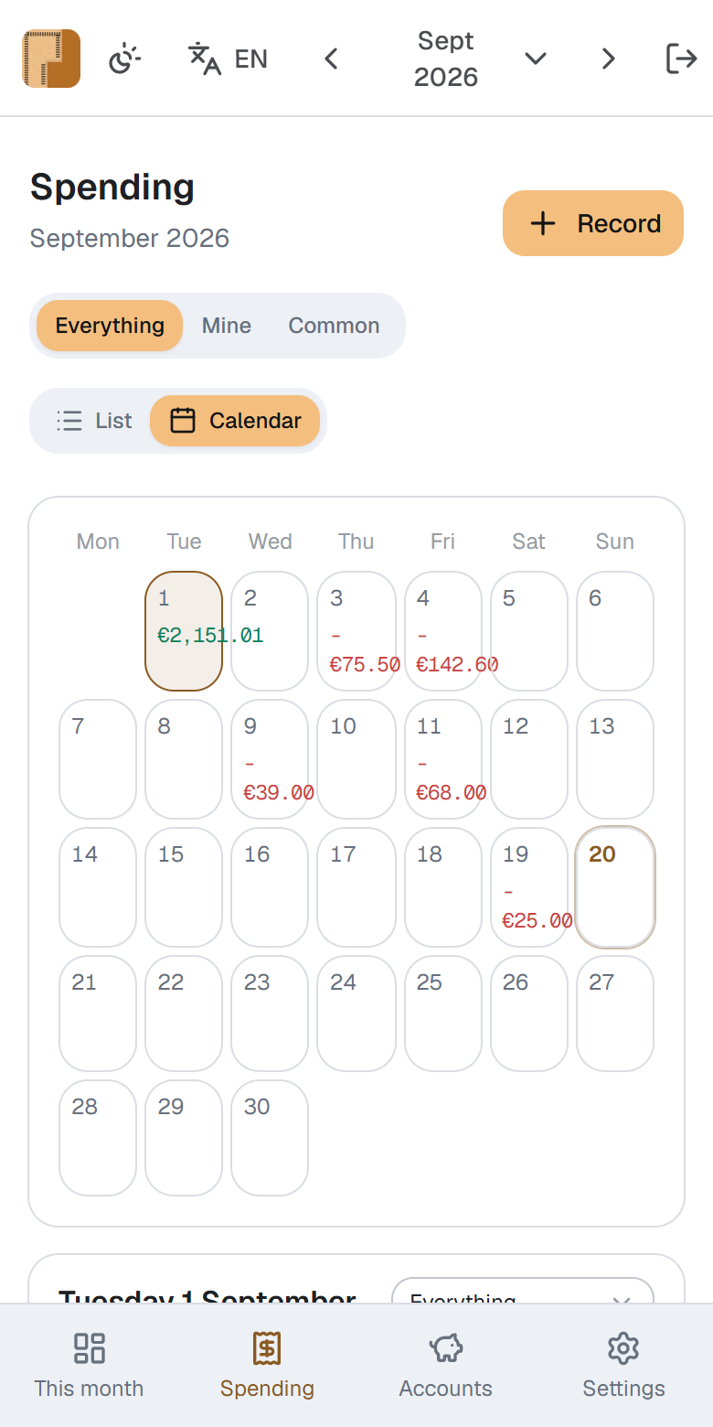 The calendar view in Prorata, a month laid out as a grid with the movements on each day.