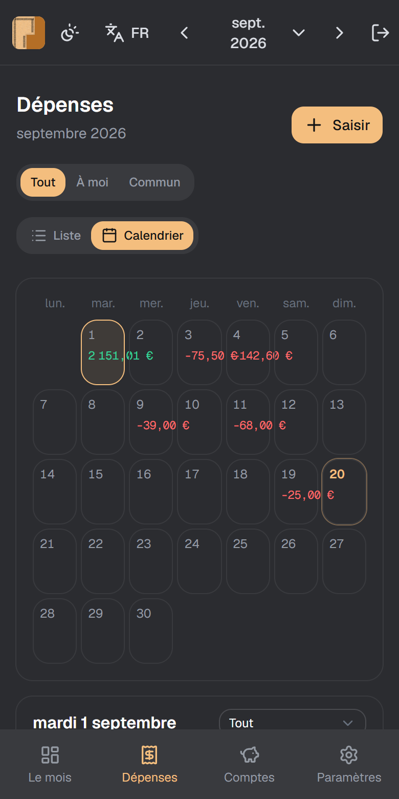 La vue calendrier dans Prorata, un mois en grille avec les mouvements de chaque jour.