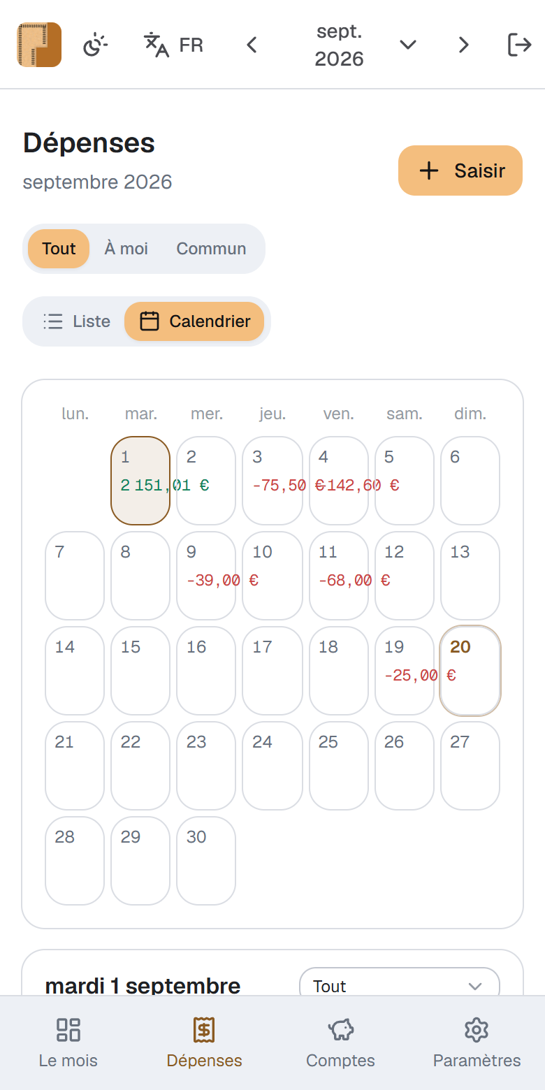 La vue calendrier dans Prorata, un mois en grille avec les mouvements de chaque jour.