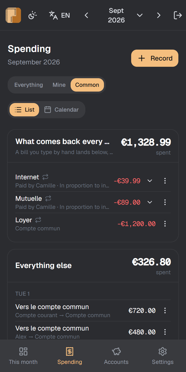 The spending screen in Prorata, with fixed bills kept apart from the month's spending and each person's share beside them.