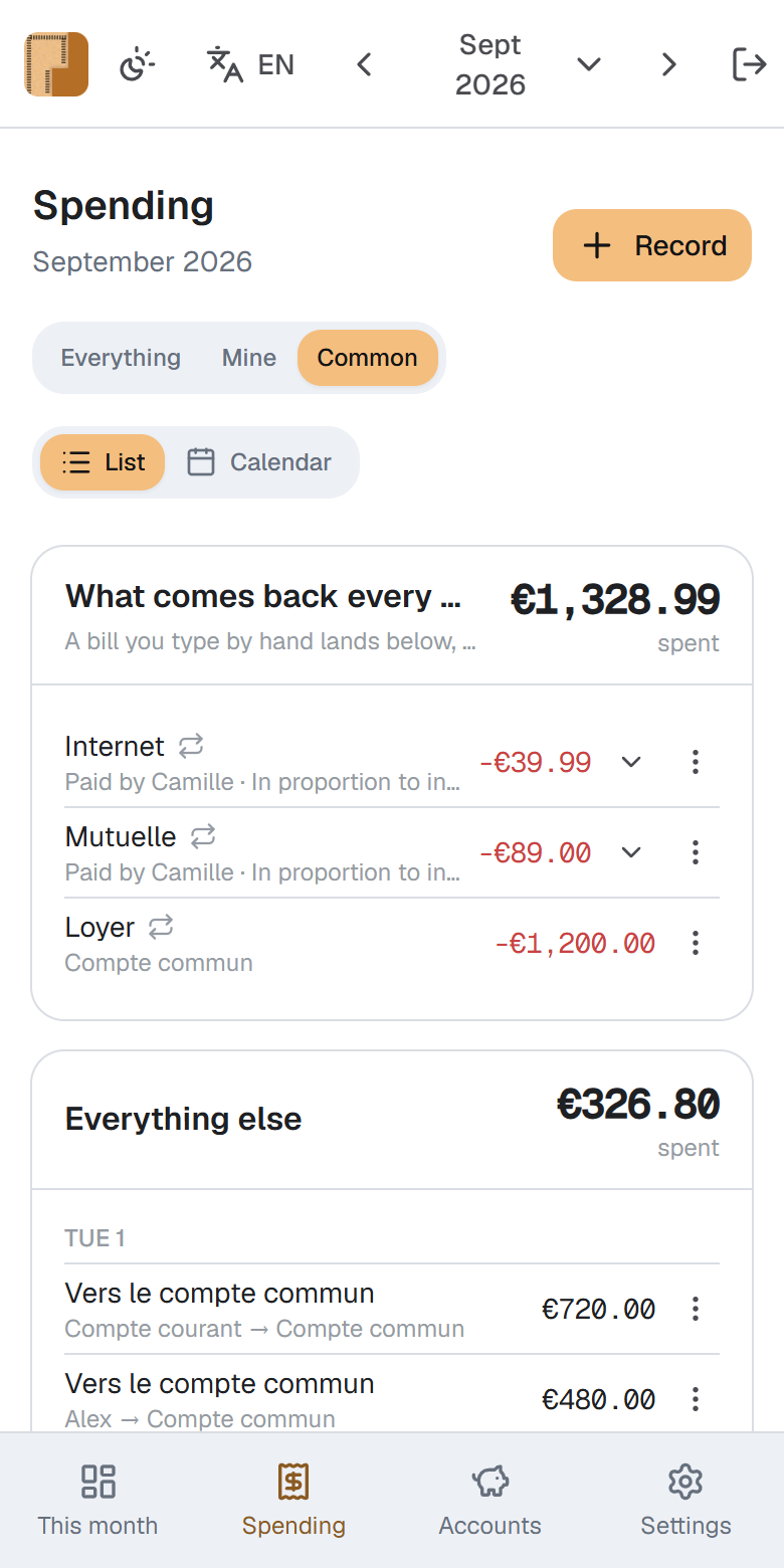 The spending screen in Prorata, with fixed bills kept apart from the month's spending and each person's share beside them.