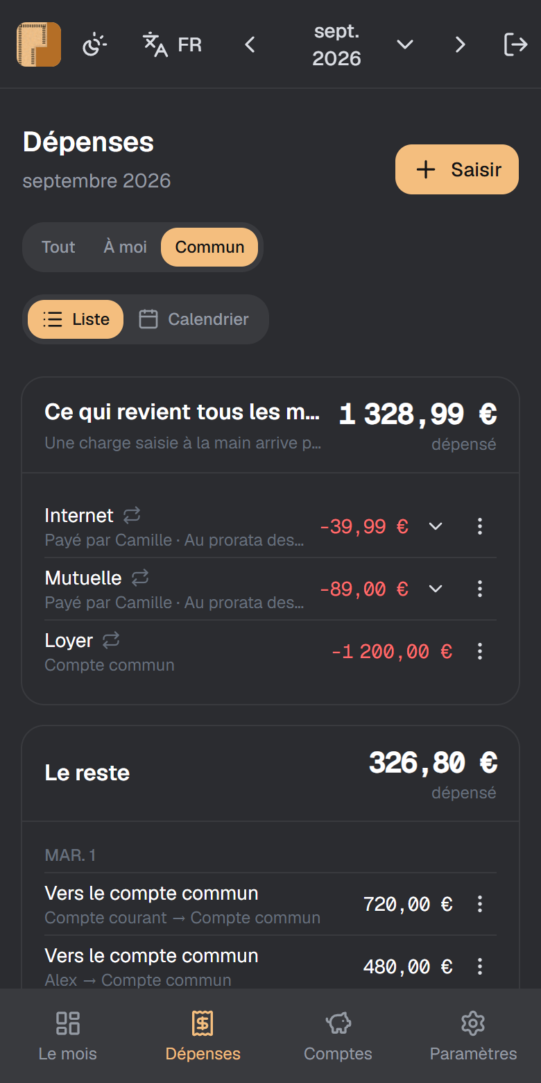 L'écran des dépenses dans Prorata, avec les charges fixes séparées des dépenses du mois et la part de chacun à côté.