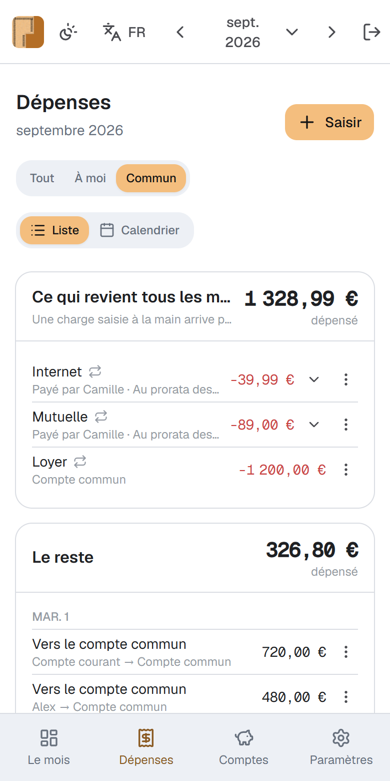 L'écran des dépenses dans Prorata, avec les charges fixes séparées des dépenses du mois et la part de chacun à côté.