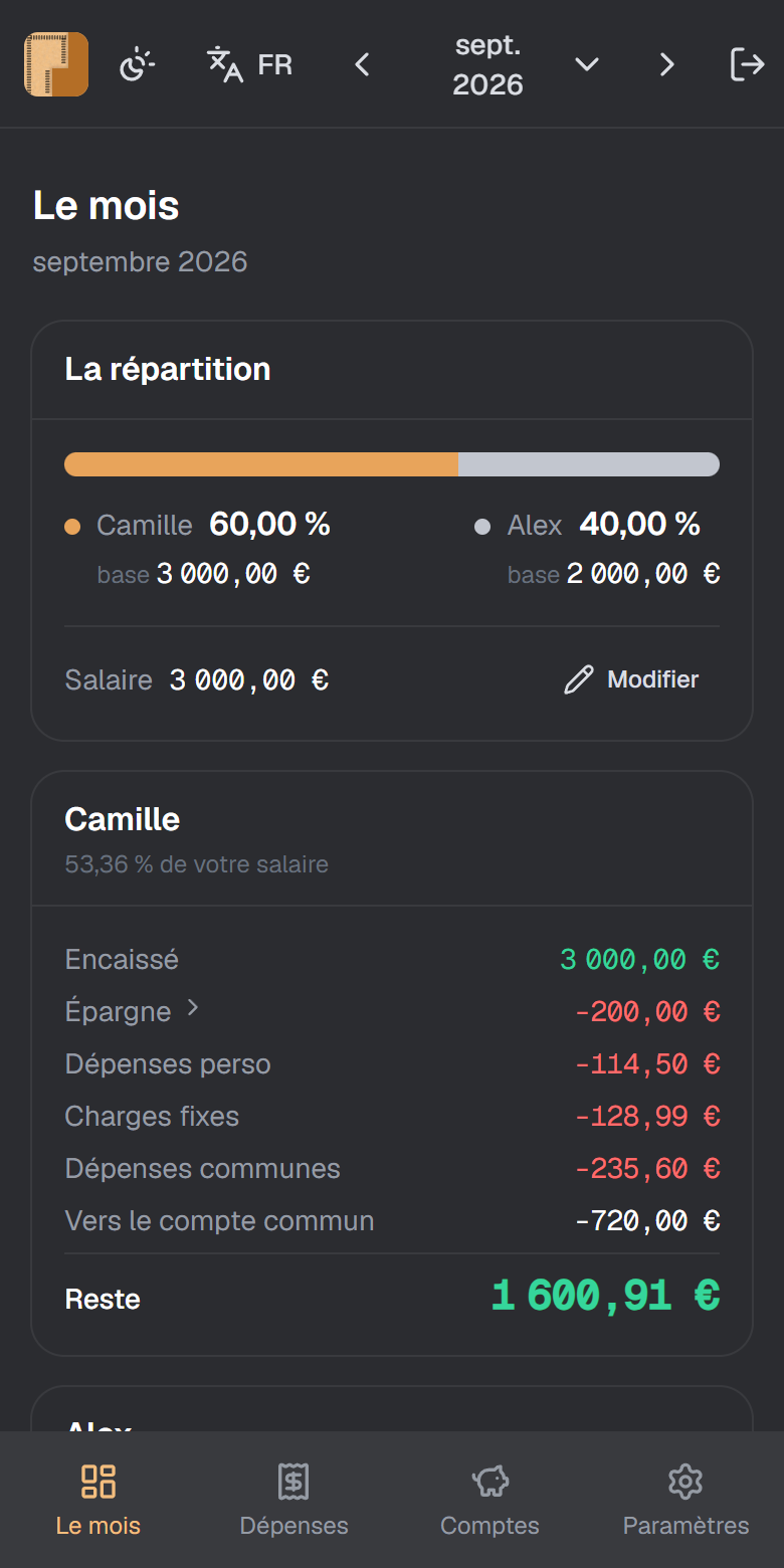 L'écran du mois dans Prorata, avec le partage 60 / 40, ce qu'il reste à chacun et qui doit combien.