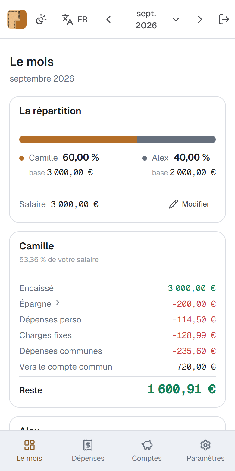 L'écran du mois dans Prorata, avec le partage 60 / 40, ce qu'il reste à chacun et qui doit combien.